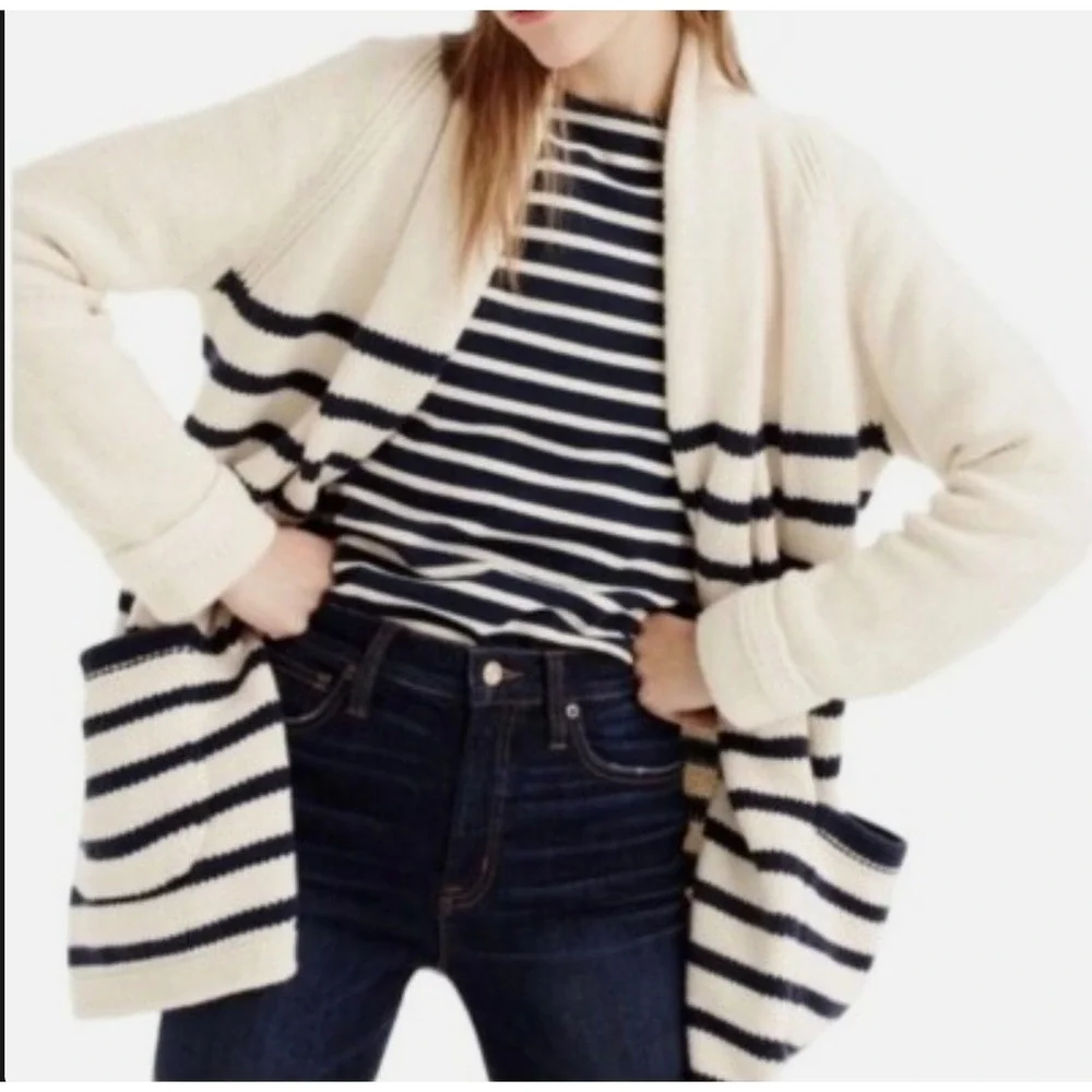 J. Crew W SML Stripe Shawl Collar Cardigan Sweater Cream Navy Cotton wool‎ Blend - Picture 2 of 9